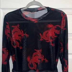 SHEIN Black Sheer Long Sleeve Mesh Top with Red Dragon Print